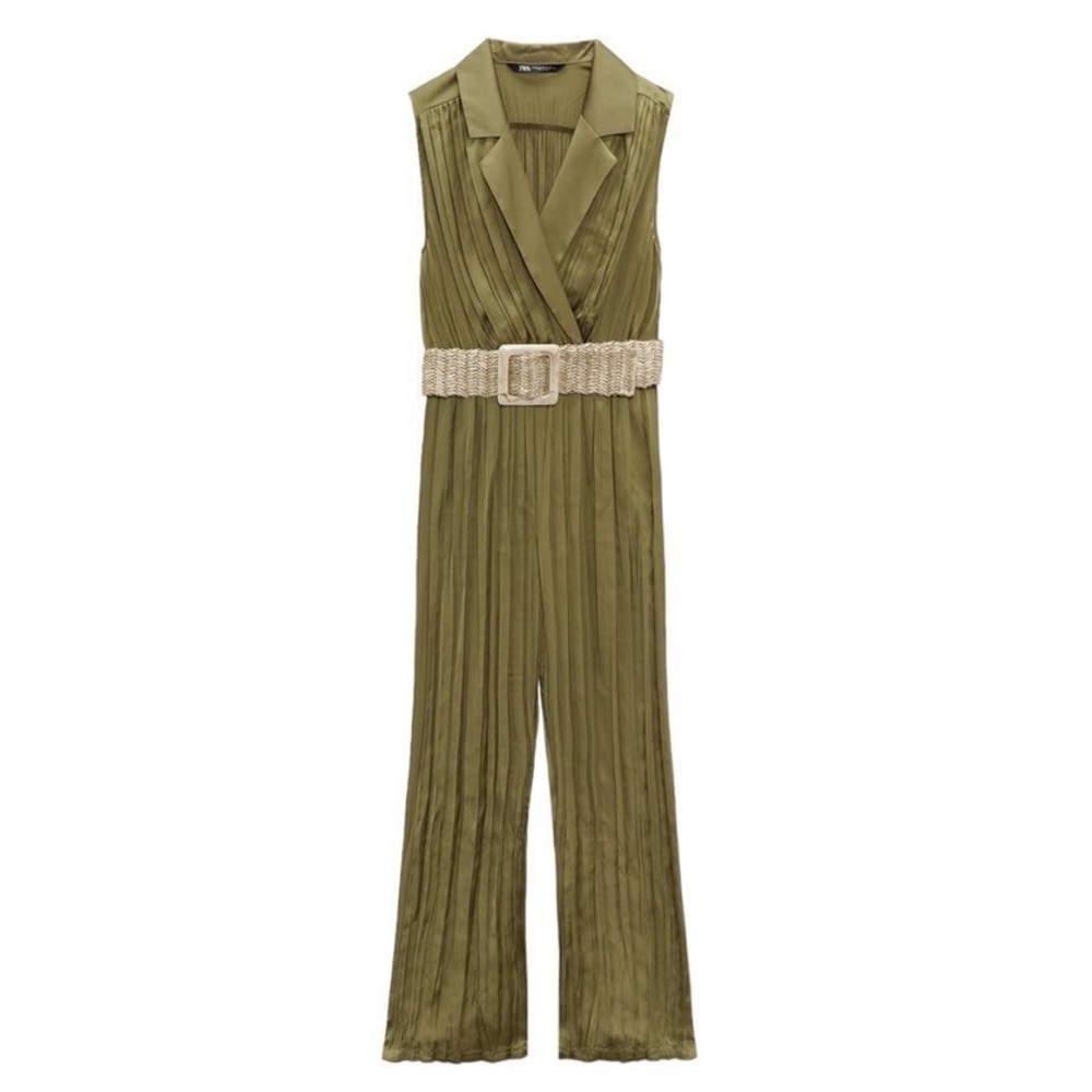 NEW ZARA OLIVE GREEN WRINKLE EFFECT BELTED
SATIN EFFECT JUMPSUIT ROMPER - Picture 7 of 16